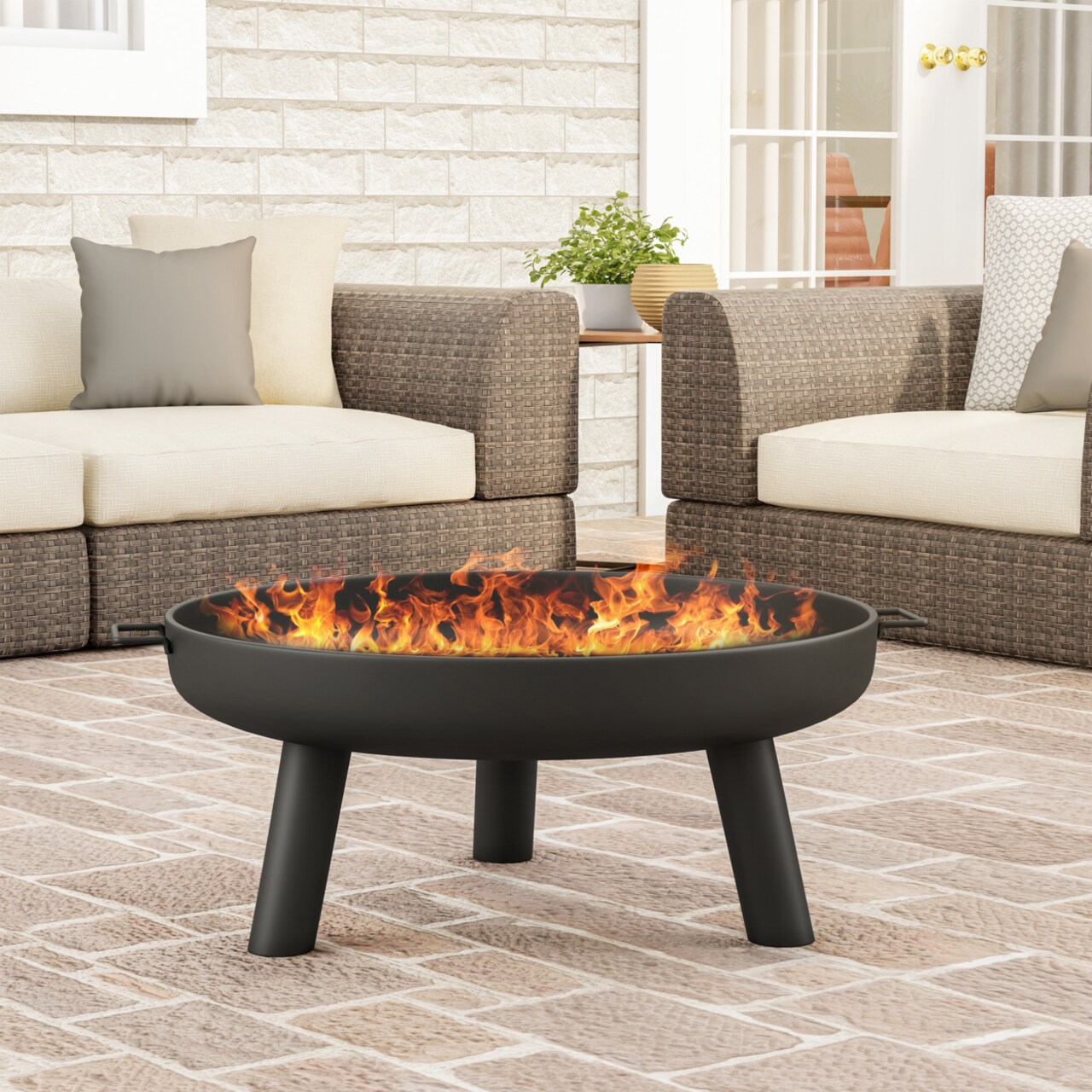 Outdoor Fire Pit Steel Bowl 27.55 Inch Black With Storage Cover And Side Handles